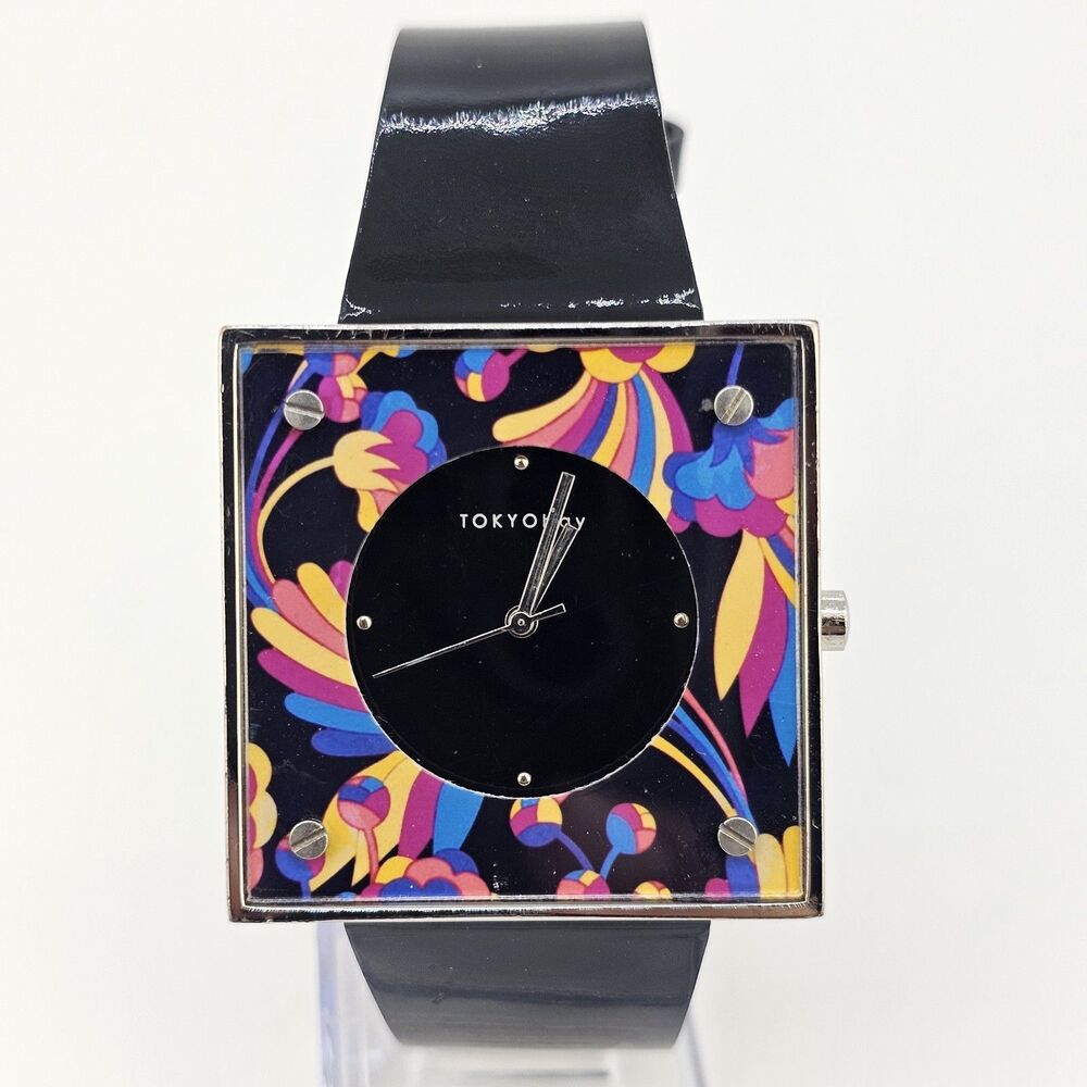 TOKYObay Women's Watch 38MM Flowers Square Case Black Leather Bands New Battery